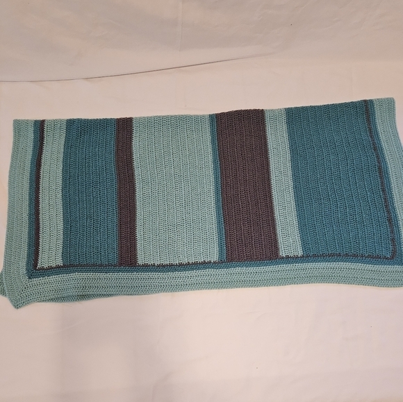 Handmade Upcycled Baby Blanket Blue Brown Striped Hand knit Crochet Nursery Gift - Picture 4 of 16